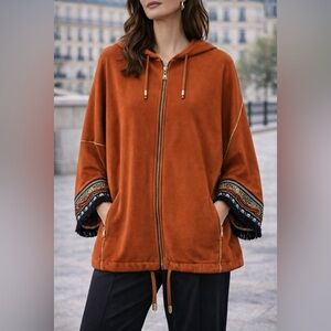Jijil Rust Boho Dolman Sleeve Hoode Zip Cardigan ArtisanEmbroidered Trim Fringe